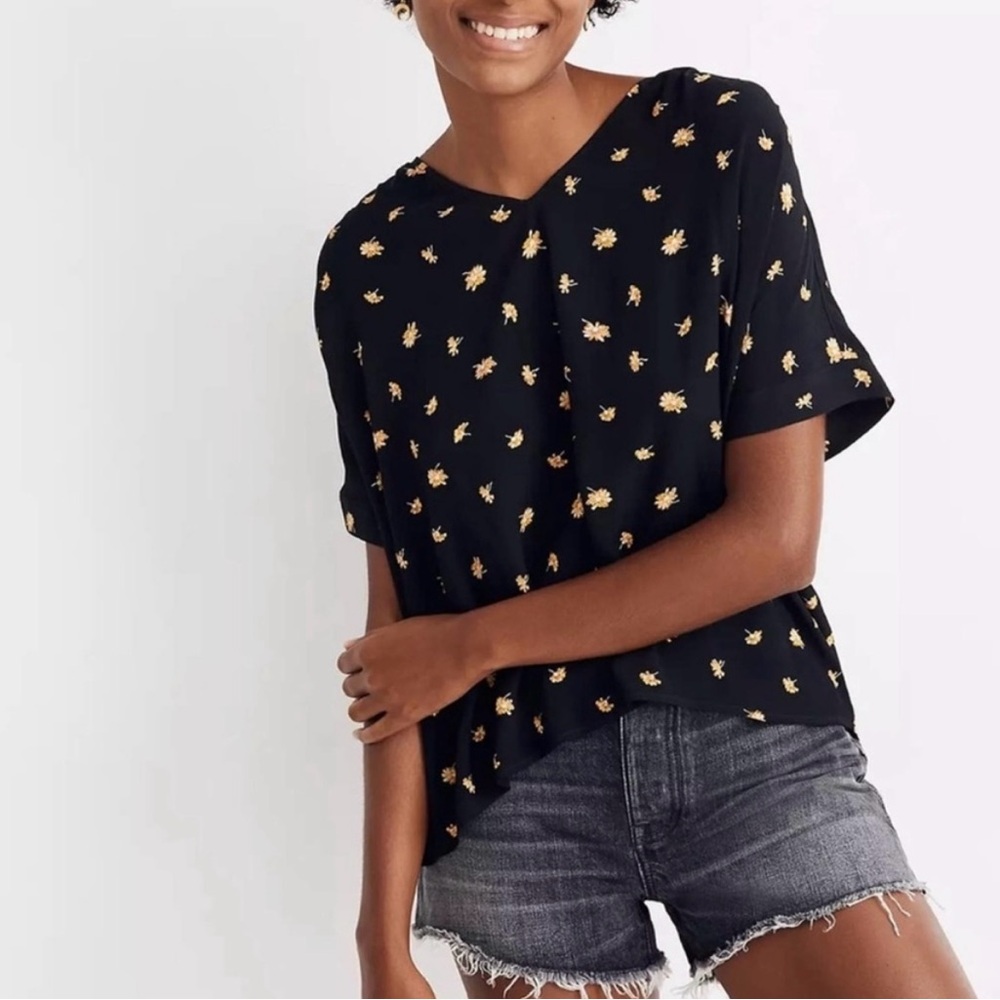 Madewell Black Blouse with Gold Floral Pattern